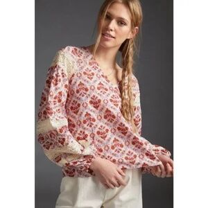 NWT Anthropologie Eze Sur Mer Yvonne Lace Blouse Balloon Sleeves Boho Size XS